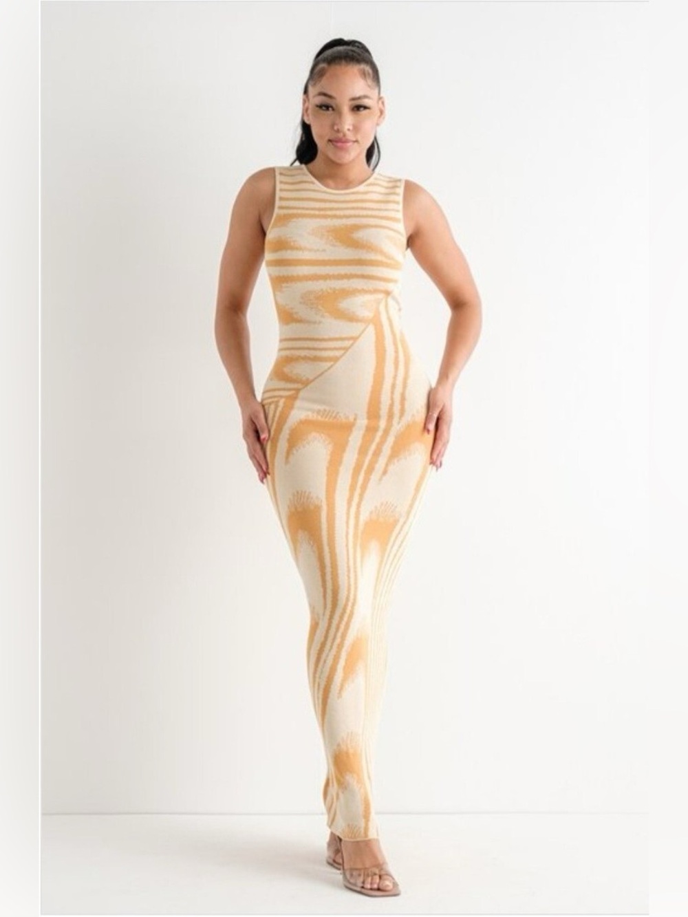 Hera Collection Wave Jacquard Dress Mustard Beige NWT  Large